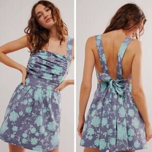 FREE PEOPLE Meet Me In Maui Printed Mini Dress in Ocean Combo Blue Size XL
